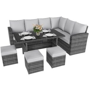 IDEALHOUSE 7 Pieces Outdoor Dining Set,Patio Sectional Sofa Conversation Set All Weather Wicker Rattan Couch Dining Table & Chair with Ottoman Grey