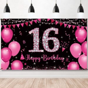 sweet 16 birthday banner hot pink, happy 16th birthday decorations for girls, sweet sixteen party decorations, 16 year old birthday photo props yard sign decor supplies, fabric vicycaty