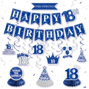 vicycaty pre-strung 18th birthday decorations for men, happy 18th birthday banner hanging swirls honeycomb centerpieces tabletop blue, 18 years old birthday party photo booth backdrop decor supplies