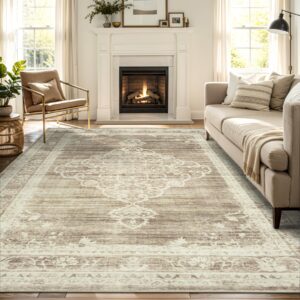 8x10 area rugs for living room washable, neutral vintage rug large for dining room bedroom carpet farmhouse non slip low pile pet friendly area rug 8 by 10 indoor - beige