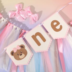 Bear Pink Ribbon One Highchair Banner - Girls 1st Birthday Party Decorations,Teddy Bear First Birthday High Chair Banner, One Woodland Camping Party Banner, Princess Bear 1st Birthday Photo Prop