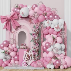 152pcs pastel light pink white metallic pink balloon arch garland kit,pink white rose gold confetti balloon with butterfly stickers for baby in bloom baby shower decorations birthday wedding decor