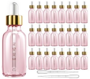 kurtotep 24 pack 2 oz glass dropper bottle with top cap pink tincture bottles, 2 plastic eye droppers measured pipettes, essential oil bottles perfume cosmetic travel liquid containers (pink, 24)