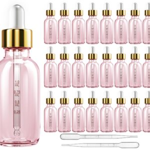 KURTOTEP 24 Pack 2 oz Glass Dropper Bottle with Top Cap Pink Tincture Bottles, 2 Plastic Eye Droppers Measured Pipettes, Essential Oil Bottles Perfume Cosmetic Travel Liquid Containers (pink, 24)