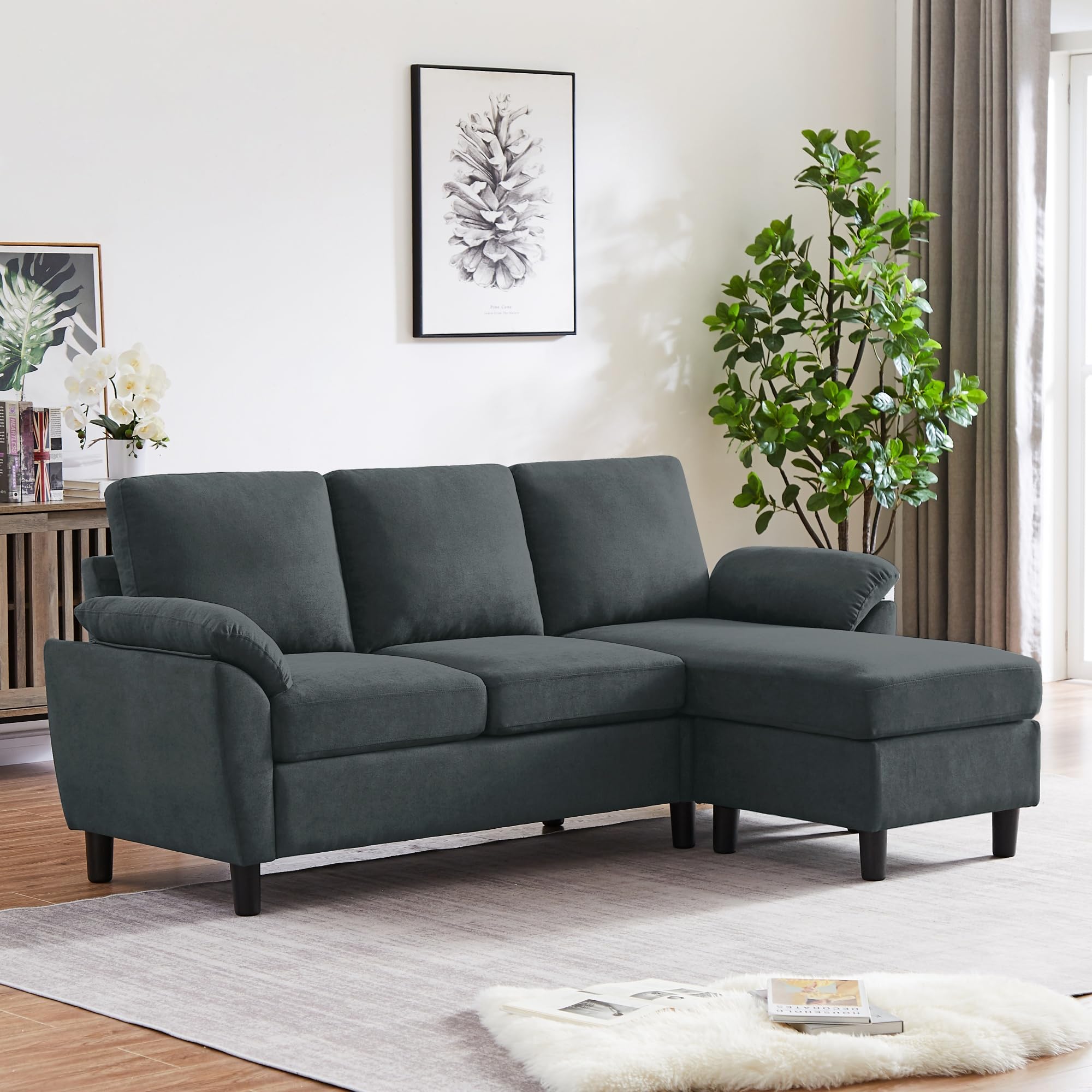 Enobala 79" Convertible Sectional Sofa, Modern L Shaped 3 Seat Couch with Reversible Ottoman for Living Room (#Dark Grey)