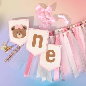 Bear Pink Ribbon One Highchair Banner - Girls 1st Birthday Party Decorations,Teddy Bear First Birthday High Chair Banner, One Woodland Camping Party Banner, Princess Bear 1st Birthday Photo Prop