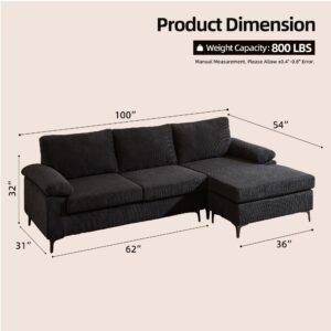 POUUIN 100" Corduroy Convertible Sectional Sofa Couches for Living Room,3 Seater L Shaped Sofa Couch with Reversible Chaise,Comfy Deep Seat Sofa for Office Apartment (Black 1)