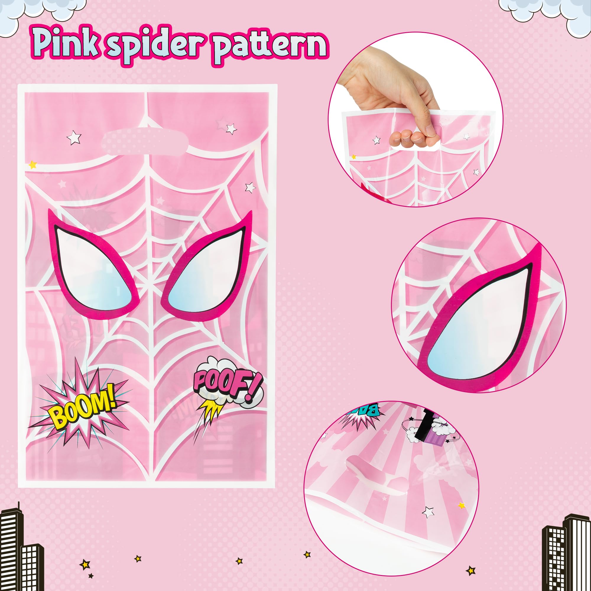 Andi Cppss Pink Spider Party Bags - 50PCS Pink Spider Party Gift Bags for Kids, Plastic Goodies Bags with Handle for Pink Spider Theme Party Supplies, Baby Show Birthday Party Treat Candy Snack Bags