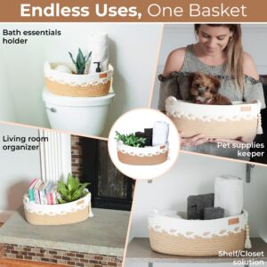 Bathroom Basket - Spacious Toilet Paper Basket for Back of Toilet - 14" x 6.5" x 5" Back of Toilet Basket - Toilet Basket Tank Topper w/Removable Tassel - Braided Toilet Tank Basket w/Knot Handles