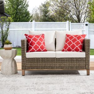 outdoor pe wicker loveseat sofa, all weather 2 seater small patio sofa with anti-slip cushions, rattan loveseat couch outdoor furniture for backyard,garden,porch, beige