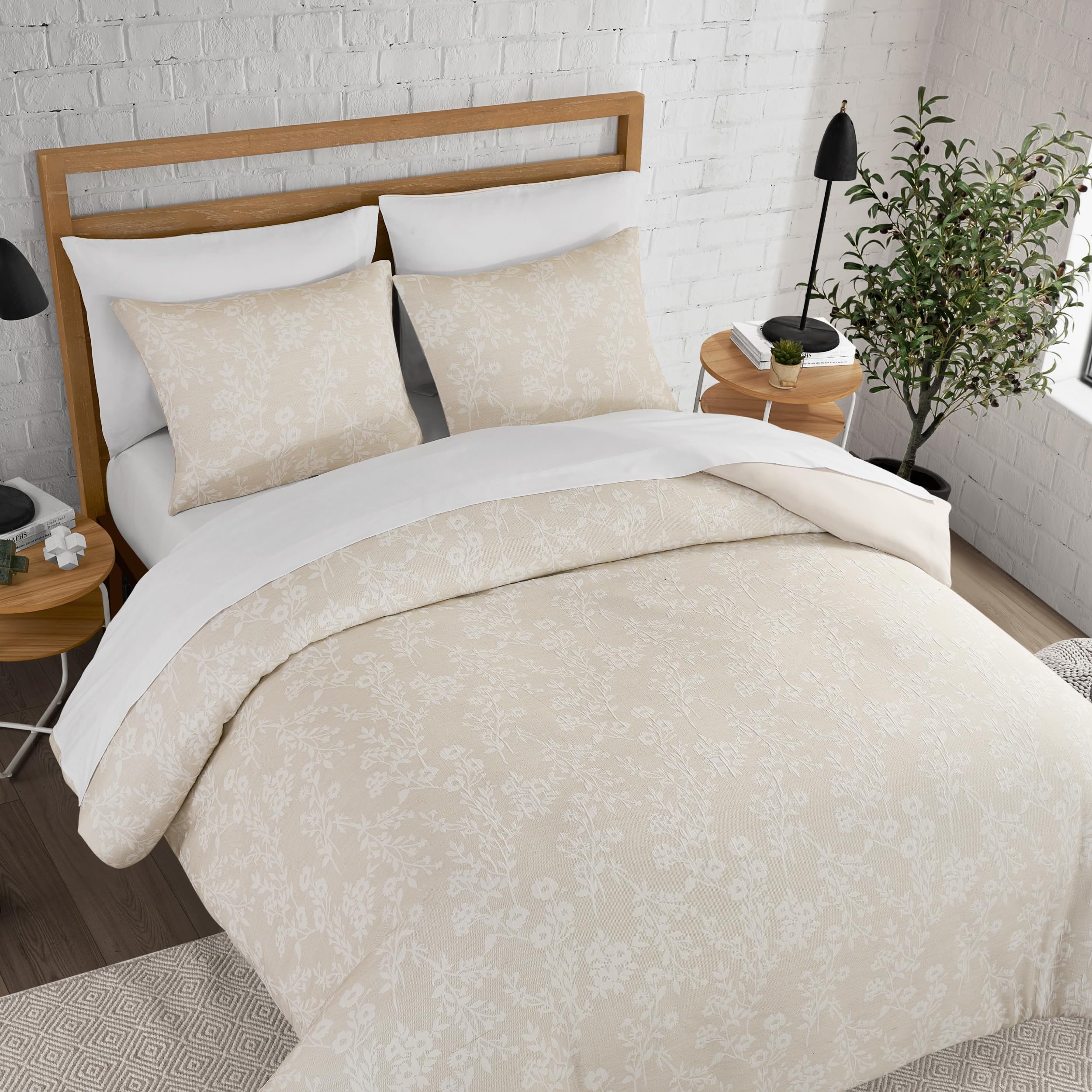 Lucky Brand Ava Floral Jacquard Duvet Cover Set - Beige - Twin/Twin XL Size - Luxurious Bedding Ensemble