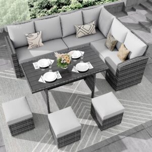 idealhouse 7 pieces outdoor dining set,patio sectional sofa conversation set all weather wicker rattan couch dining table & chair with ottoman grey