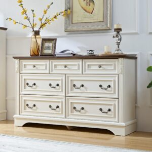 boshiro farmhouse 7 drawers dresser, dressers for bedroom, 54" wide wood rustic chest of drawers with carved pilasters, storage organizer, living room, hallway, antique white