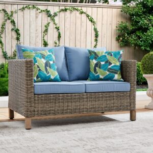 Outdoor PE Wicker Loveseat Sofa, All Weather 2 Seater Small Patio Sofa with Anti-Slip Cushions, Rattan Loveseat Couch Outdoor Furniture for Backyard, Garden, Porch, Blue