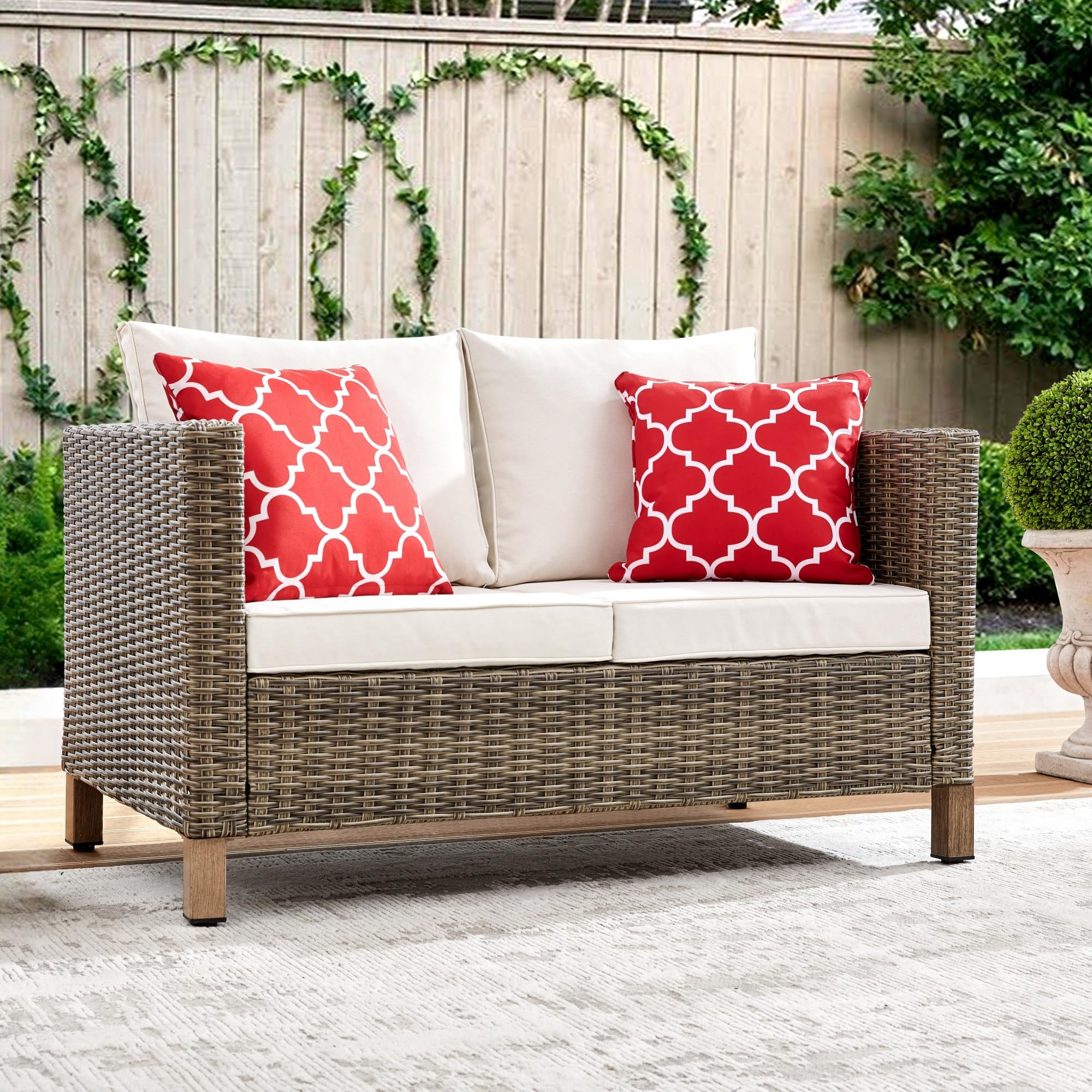 Outdoor PE Wicker Loveseat Sofa, All Weather 2 Seater Small Patio Sofa with Anti-Slip Cushions, Rattan Loveseat Couch Outdoor Furniture for Backyard,Garden,Porch, Beige