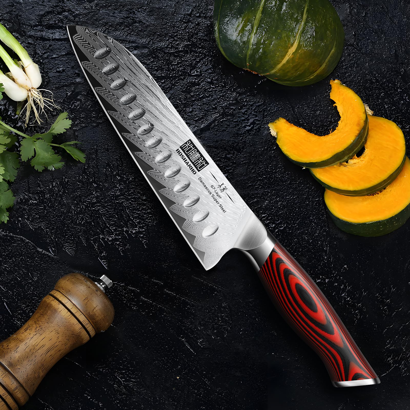 HOSHANHO Damascus Santoku Knife, 7 Inch Professiona Kitchen Knife，VG-10 Damasucs Steel Ultra-Sharp Santoku Chef Knife with Ergonomic G10 Handle