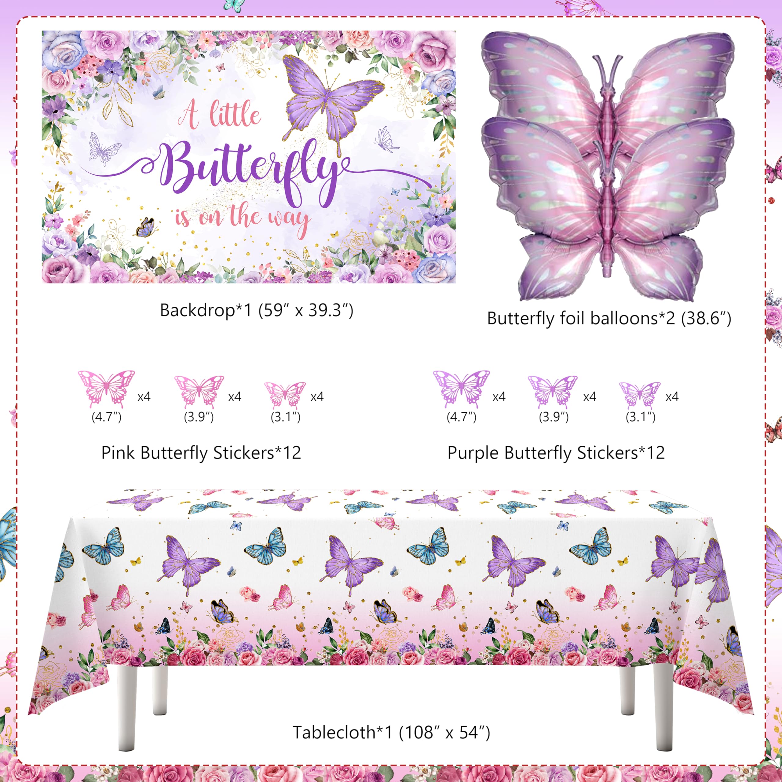 Butterfly Baby Shower Decorations for Girls A Little Butterfly Is On The Way Party Backdrop Butterfly Cake Toppers Stickers Pink Purple Balloons Baby Boxes for Girl Birthday Baby Shower Decor