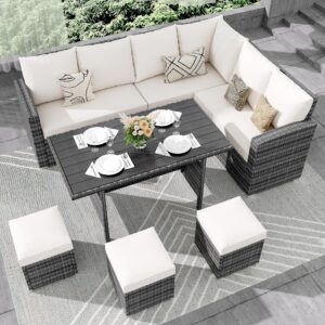 idealhouse 7 pieces outdoor dining set,patio sectional sofa conversation set all weather wicker rattan couch dining table & chair with ottoman beige