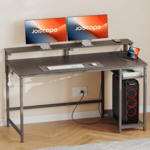 JOISCOPE Home Office Desk with Power Outlets (3AC, USB, Type-C), 60 × 20 Inch Computer Desk with Reversible Shelves, Laptop Table with Display Riser, Gaming Study Drafting Table for Bedroom, Black