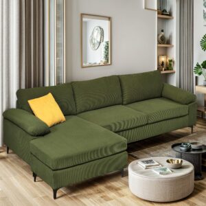 pouuin 100" corduroy convertible sectional sofa couches for living room,3 seater l shaped sofa couch with reversible chaise,comfy deep seat sofa for office apartment (green)