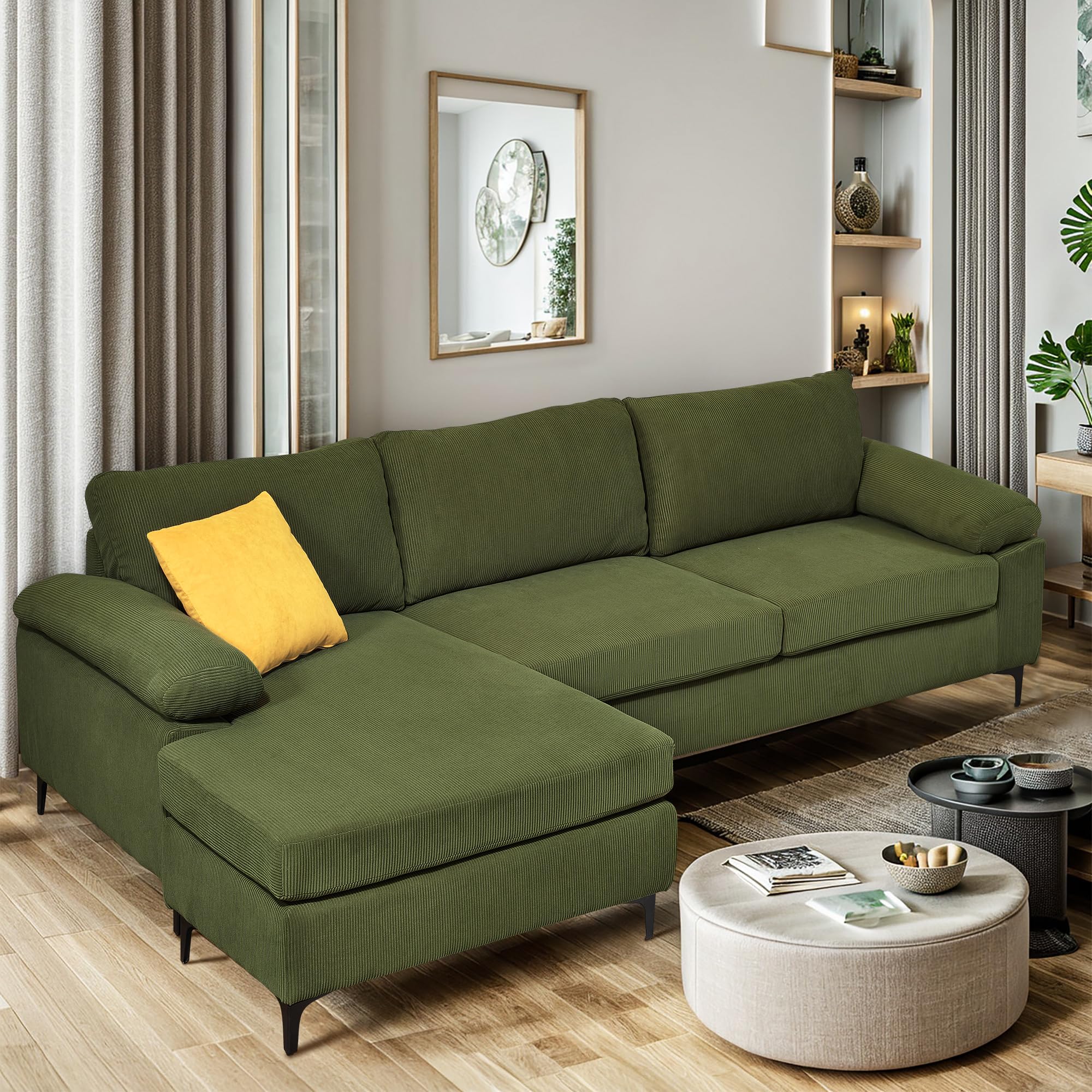 POUUIN 100" Corduroy Convertible Sectional Sofa Couches for Living Room,3 Seater L Shaped Sofa Couch with Reversible Chaise,Comfy Deep Seat Sofa for Office Apartment (Green)