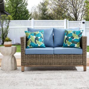 outdoor pe wicker loveseat sofa, all weather 2 seater small patio sofa with anti-slip cushions, rattan loveseat couch outdoor furniture for backyard, garden, porch, blue