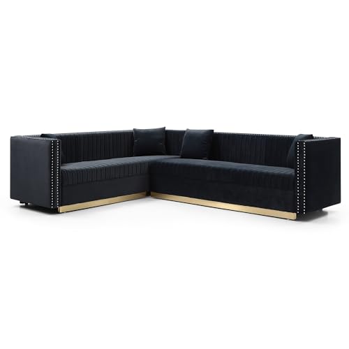 FANYE 2PCS Contemporary Sofa Sets Vertical Channel Velvet Tufted Sofa&Couch Include 3 Seaters CouchX2, L-Shaped Corner Sectional W/Gold Metal Strip Decor for Apartment Office Living Room Sets