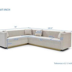 FANYE 2PCS Contemporary Sofa Sets Vertical Channel Velvet Tufted Sofa&Couch Include 3 Seaters CouchX2, L-Shaped Corner Sectional W/Gold Metal Strip Decor for Apartment Office Living Room Sets