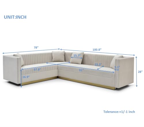 FANYE 2PCS Contemporary Sofa Sets Vertical Channel Velvet Tufted Sofa&Couch Include 3 Seaters CouchX2, L-Shaped Corner Sectional W/Gold Metal Strip Decor for Apartment Office Living Room Sets