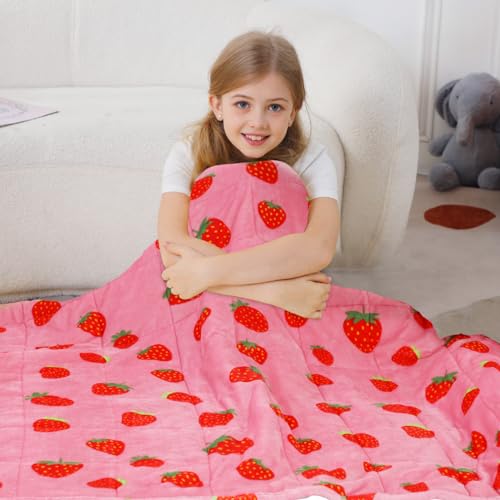 Aemicion Kids Weighted Blanket 7 pounds Twin Size 41"x 60",Soft Sherpa Fleece Heavy Blanket for Sleeping Perfect for 60-90lbs, Cute Strawberry Pink Weighted Throw balnket as Gifts for Daughter Girls