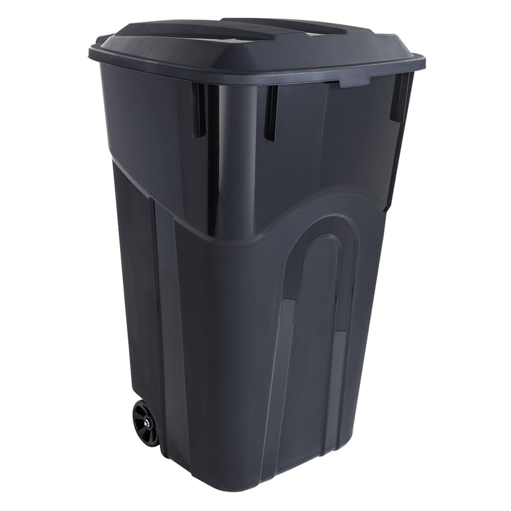 AZZiraLy 32 Gallon Wheeled Heavy Duty Plastic Garbage Can, Attached Lid, Black