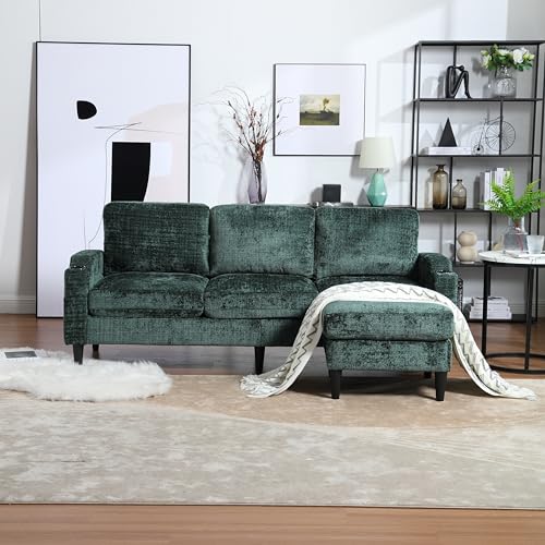 YOPTO L-Shaped United Sofa with Storage Ottoman and Armrests,Modern Wood Cozy Sectional Couch w/Side Pocket & Cup Holder,Chenille Fabric,for Living Room,Guest Room,Apartment,Emerald