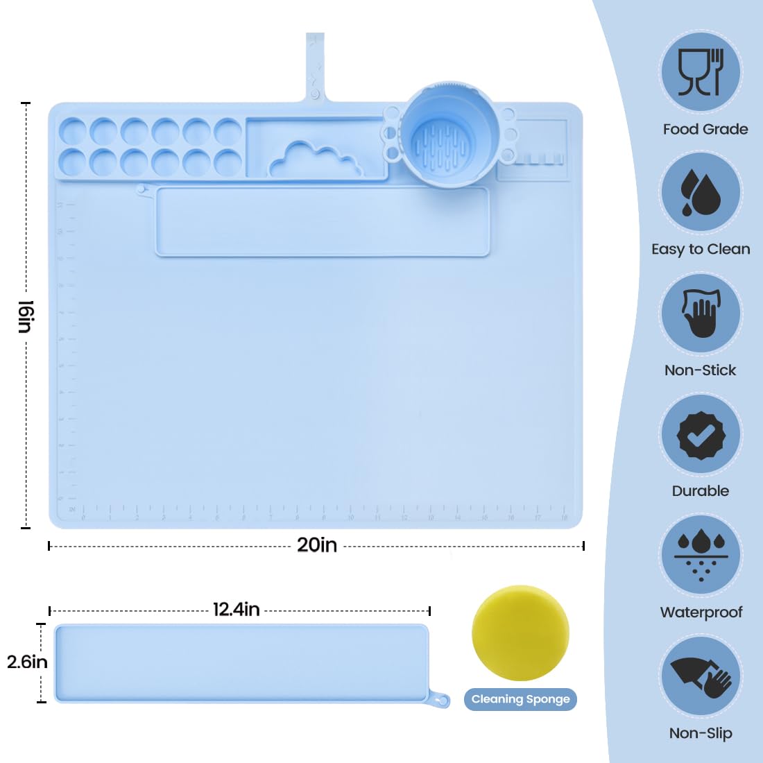 Silicone Painting Mat - 20"X16" Painting Station for Kids with 1 Water Cup Reusable, Non-Slip, and Easy to Clean Perfect for Arts, Crafts, and DIY Projects (Blue)