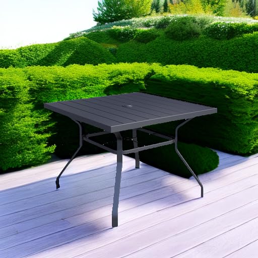 Virvla Patio Dining Square Table Outdoor Steel Table with Umbrella Hole 37" x 37" x 28" - Black