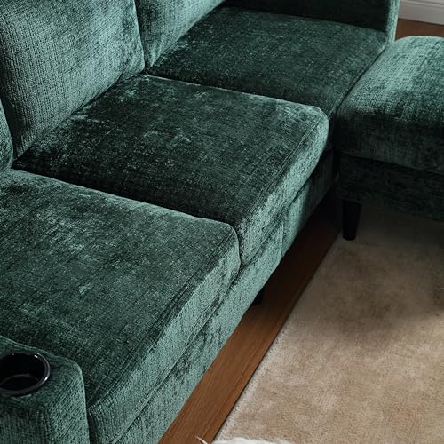 YOPTO L-Shaped United Sofa with Storage Ottoman and Armrests,Modern Wood Cozy Sectional Couch w/Side Pocket & Cup Holder,Chenille Fabric,for Living Room,Guest Room,Apartment,Emerald