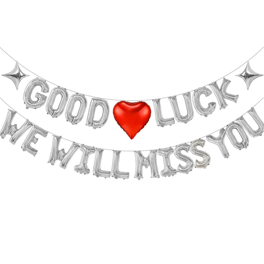 Good Luck We Will Miss You Silver Letter Balloons, Big 16 Inch Foil Balloons with Star&Red Heart Farewell Party Decorations for Retirement Coworker Leaving Going Away Goodbye Graduation Party Decor