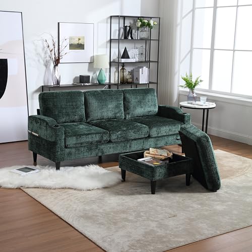 YOPTO L-Shaped United Sofa with Storage Ottoman and Armrests,Modern Wood Cozy Sectional Couch w/Side Pocket & Cup Holder,Chenille Fabric,for Living Room,Guest Room,Apartment,Emerald