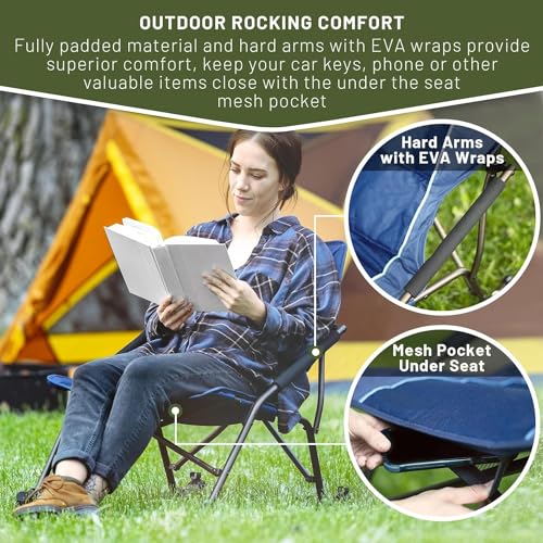 TIMBER RIDGE Folding Rocking Camping Chair, Portable Rocker Chair for Adults with Hard Armrests, Low Outdoor Rocking Chair Foldable for Patio, Garden, Lawn, Supports up to 250 lbs, Blue