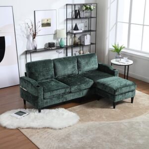 YOPTO L-Shaped United Sofa with Storage Ottoman and Armrests,Modern Wood Cozy Sectional Couch w/Side Pocket & Cup Holder,Chenille Fabric,for Living Room,Guest Room,Apartment,Emerald