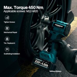 KIESBOHR Cordless Impact Wrench 1/2 Inch Compatible with Makita 18V Battery, 332Ft-lbs(450N.m) Brushless Electric Impact Driver for Car Tires 4-Speed Impact Gun with 3 Sockets(Battery not Included)