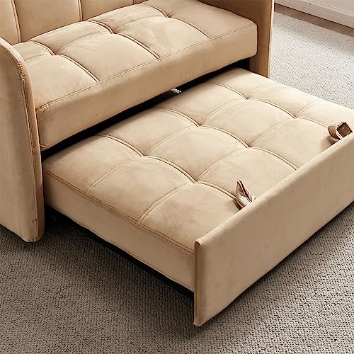 Eafurn 3 in 1 Convertible Pull Out Sleeper Sofa Bed Futon Loveseat Couch Sofabed, Velvet Love Seat Lounge Chaise with Adjustable Backrest and USB Ports for Living Room Home Office