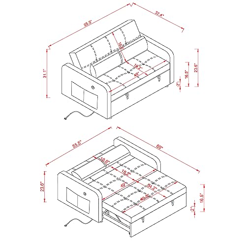 Eafurn 3 in 1 Convertible Pull Out Sleeper Sofa Bed Futon Loveseat Couch Sofabed, Velvet Love Seat Lounge Chaise with Adjustable Backrest and USB Ports for Living Room Home Office