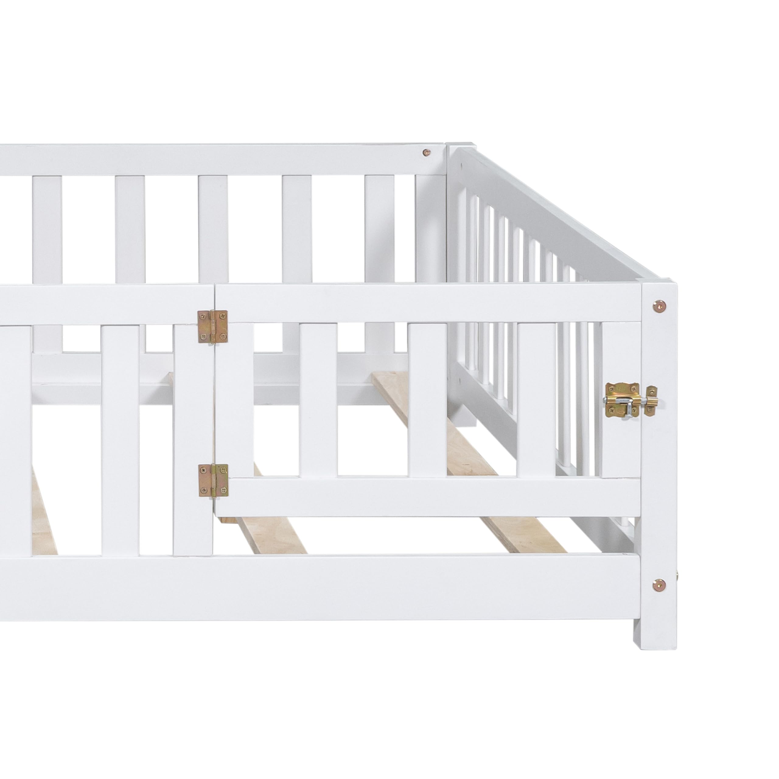 Bellemave Floor Bed Full Size Montessori Bed Frame with Fence and Door, Wooden Full Platform Bed for Kids, Boys Girls, Solid Wood Full Bed, No Box Spring Needed (White)