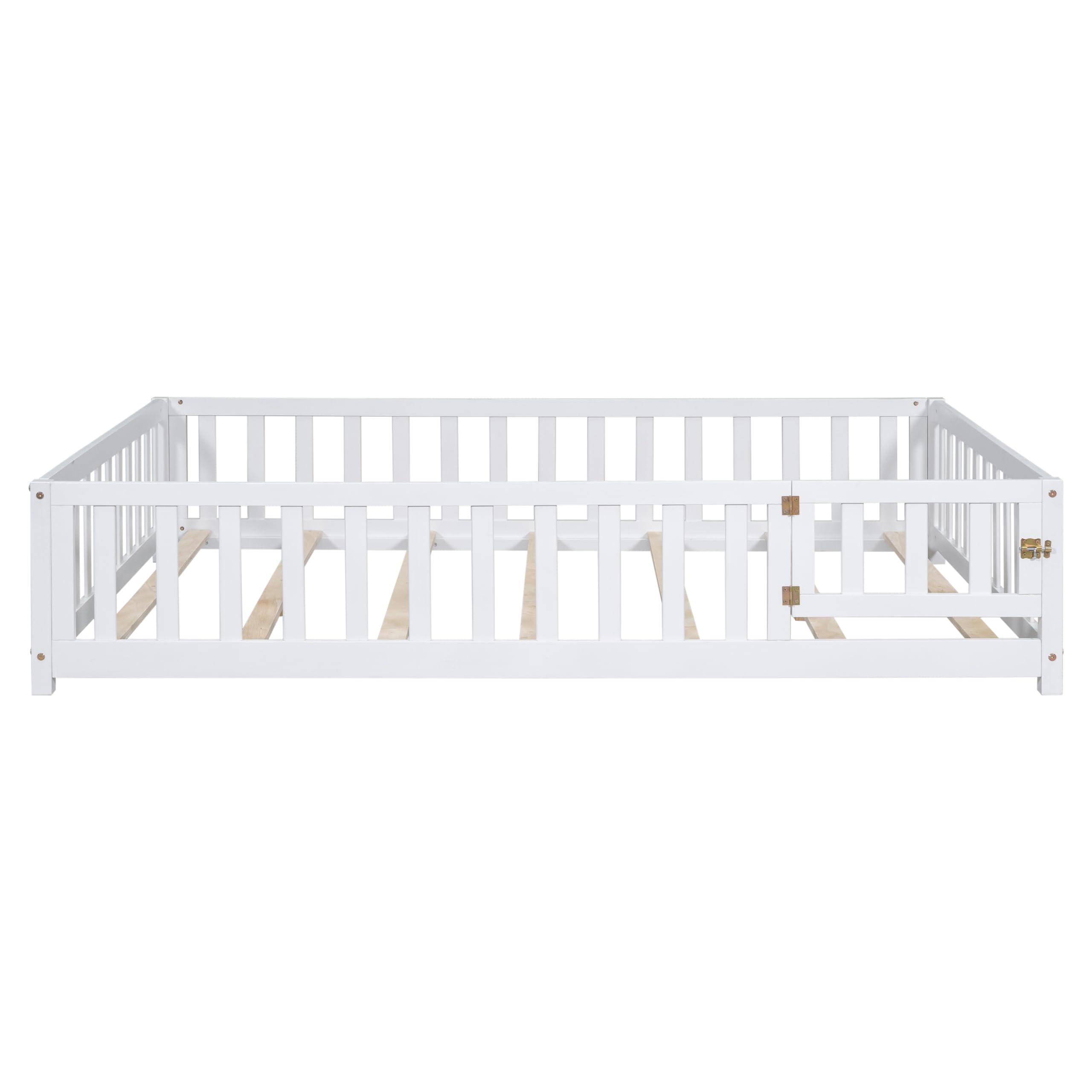 Bellemave Floor Bed Full Size Montessori Bed Frame with Fence and Door, Wooden Full Platform Bed for Kids, Boys Girls, Solid Wood Full Bed, No Box Spring Needed (White)