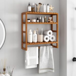 Galood Over The Toilet Storage Bathroom Organizers and Storage Shelves Adjustable 3 Tiers Floating Shelves for Wall Mounted Shelves with Hanging Rod (Brown)