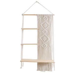 miattcld macrame wall hanging shelf boho wood floating storage shelf, 3 tier display shelving for hanging plants photos, rustic wall decor with tassel and woven rope for home bedroom living room