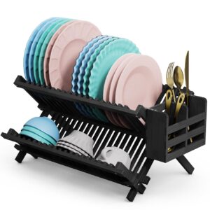 vopog dish drying rack, 2 tier bamboo dish drying rack with utensil holder, collapsible dish rack foldable plate organizer holder dish drainer set for kitchen countertop-black