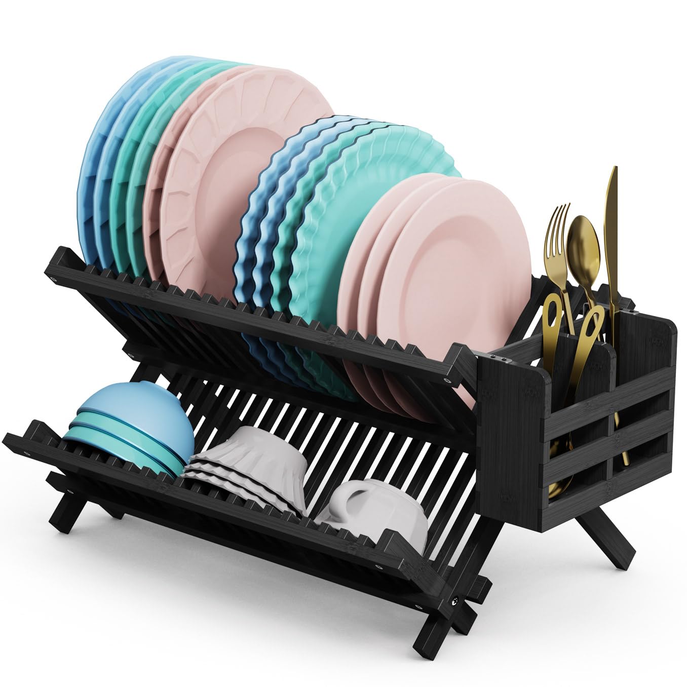 VOPOG Dish Drying Rack, 2 Tier Bamboo Dish Drying Rack with Utensil Holder, Collapsible Dish Rack Foldable Plate Organizer Holder Dish Drainer Set for Kitchen Countertop-Black