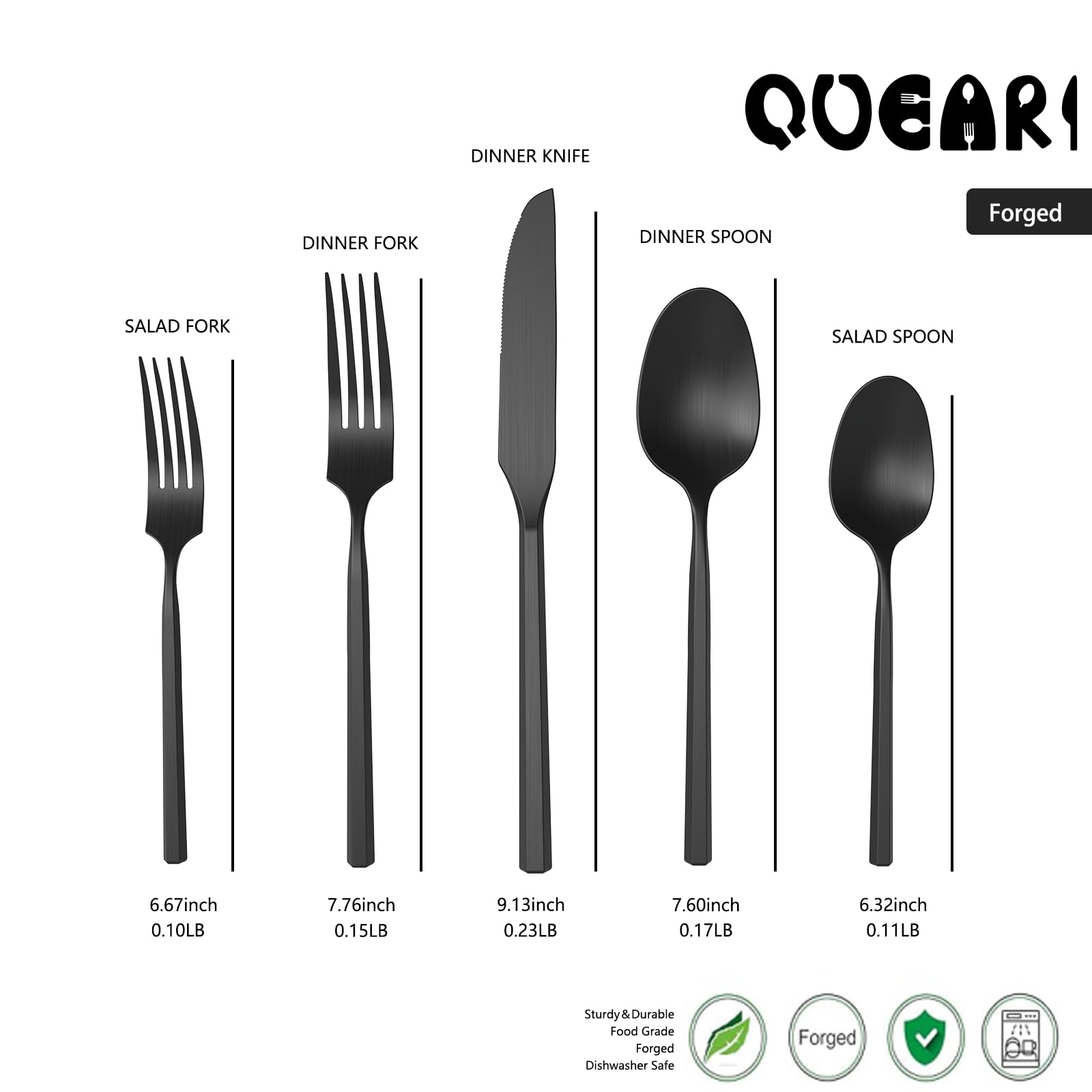 QUEARI 20-Piece Matte Black Silverware Set, Forged Stainless Steel Cutlery Set, Dishwasher Safe Flatware set, Matte Polished |Service for 4 Hexagon Handle