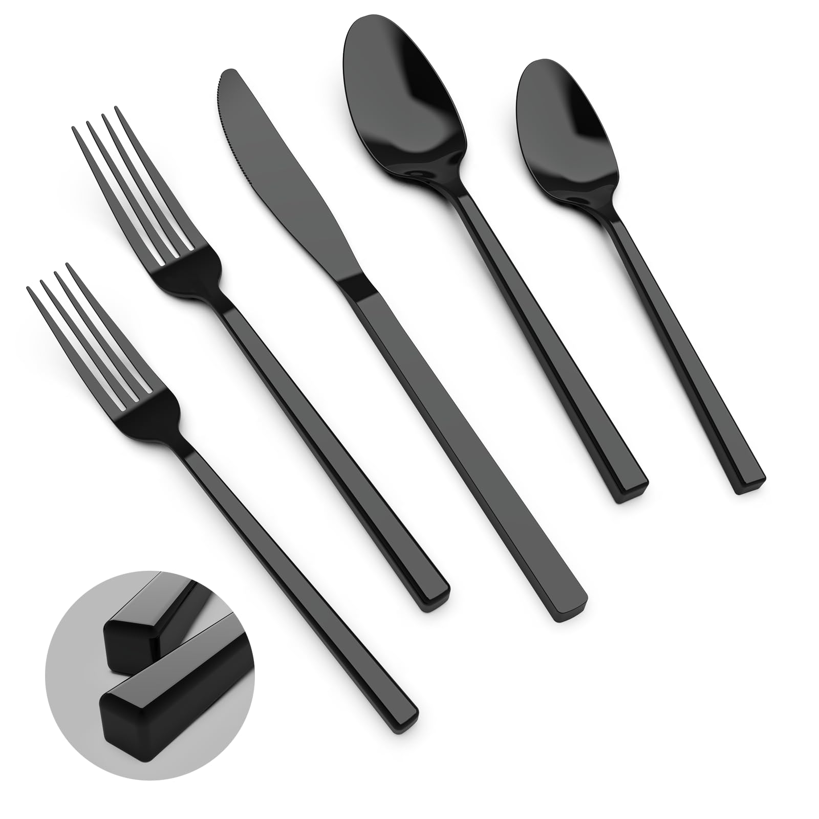 Cubic Black 20-Piece Silverware Set, 18/10 Forged Stainless Steel Flatware, Mirror Polished Modern Cutlery Set, Service for 4, Dishwasher Safe